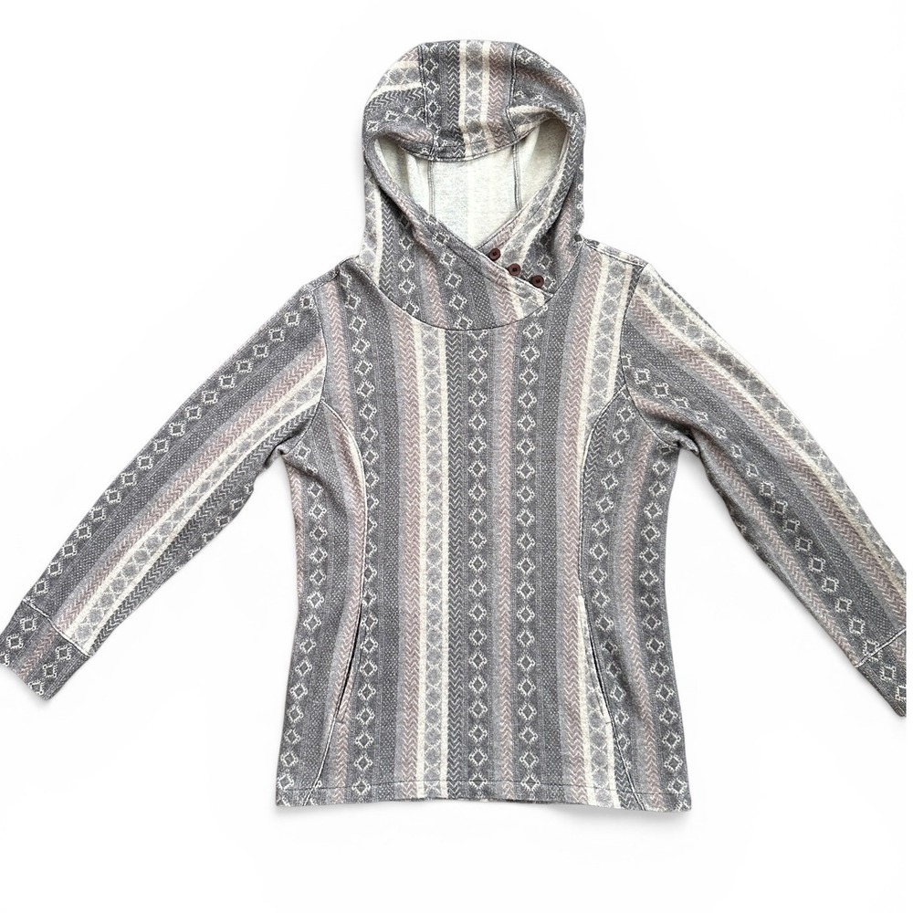 Ibex Merino Wool Blend Hoodie Women M Gray Southwestern‎ Cowl Neck Excellent